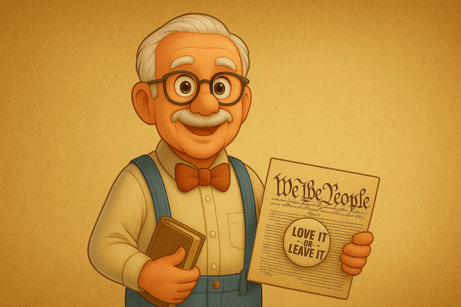 Everett Boone, an elderly man with glasses, white hair, and a red bow tie, holding a book in one hand and the U.S. Constitution in the other with a button that reads 'Love It or Leave It.'