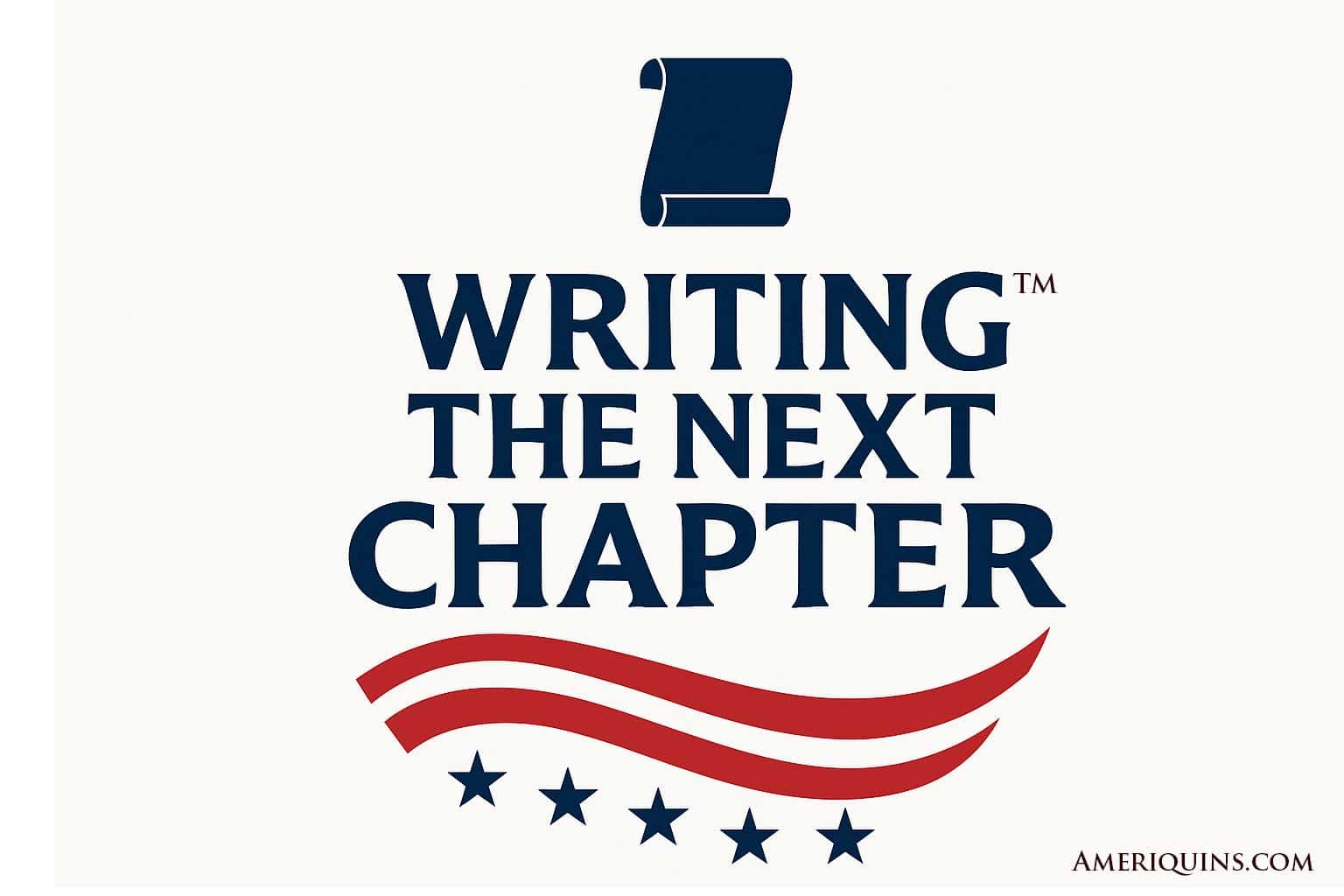Writing the Next Chapter emblem with unfolding parchment.