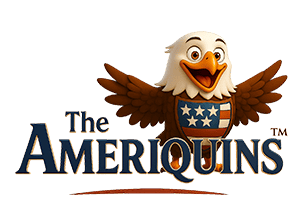 The Ameriquins logo featuring a smiling cartoon eagle with outstretched wings, wearing a shield with stars and stripes on its chest.