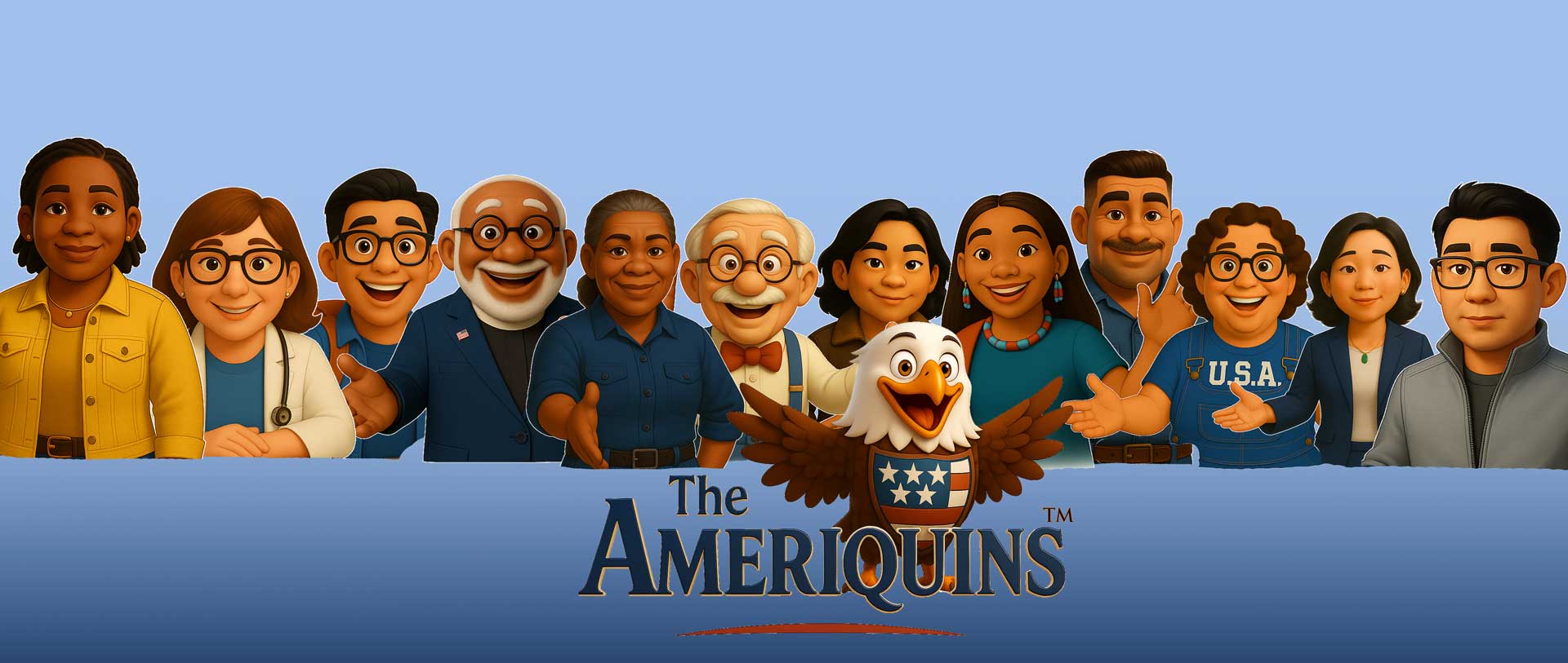 Lineup of all 13 Ameriquins™ characters with the Ameriquin Eagle™, representing unity, freedom, and America’s story.