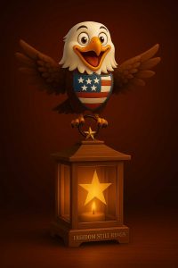 Ameriquin Eagle mascot with five-star emblem perched on a glowing wooden lantern engraved with “Freedom Still Rings™.”