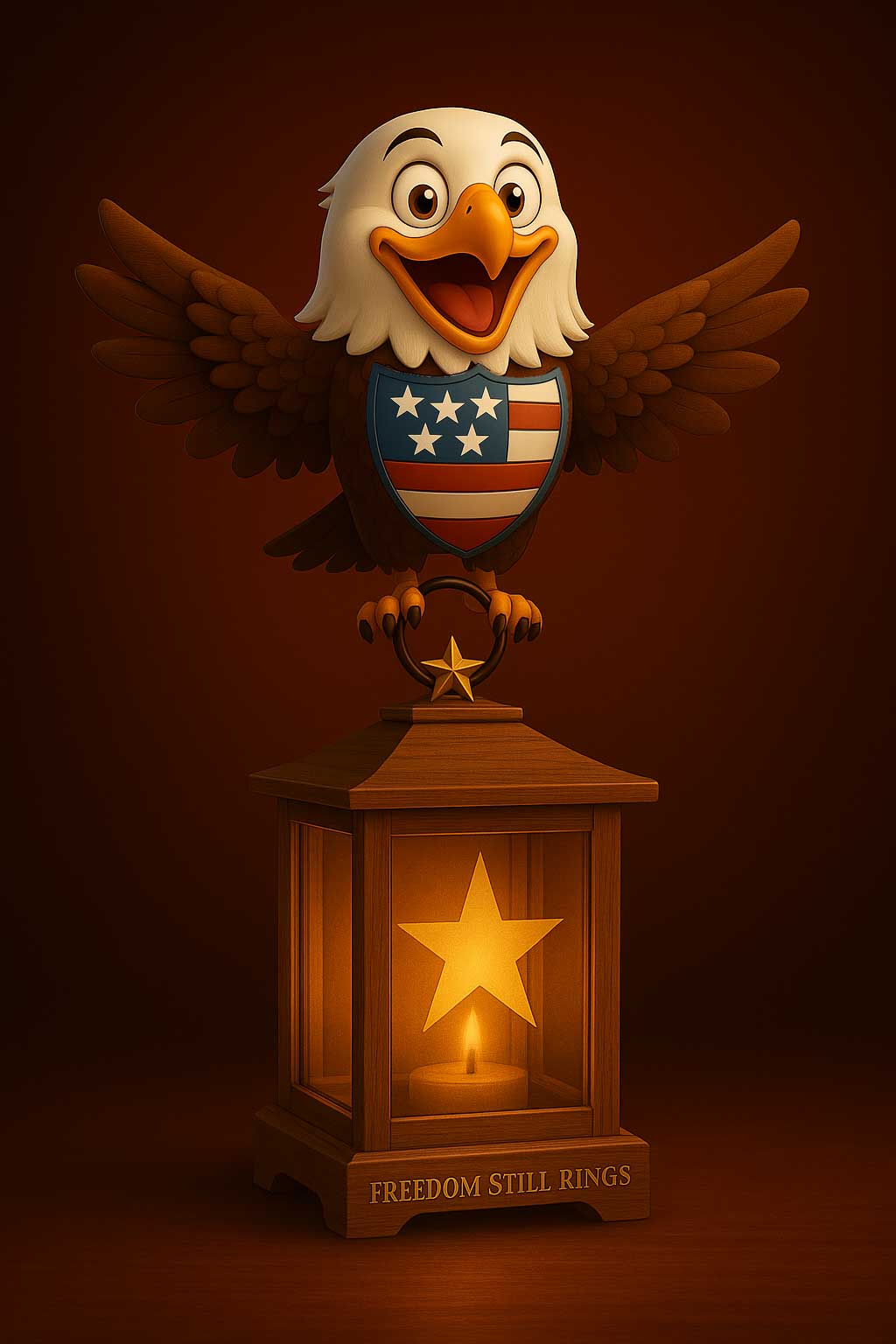 Ameriquin Eagle mascot with five-star emblem perched on a glowing wooden lantern engraved with “Freedom Still Rings™.”