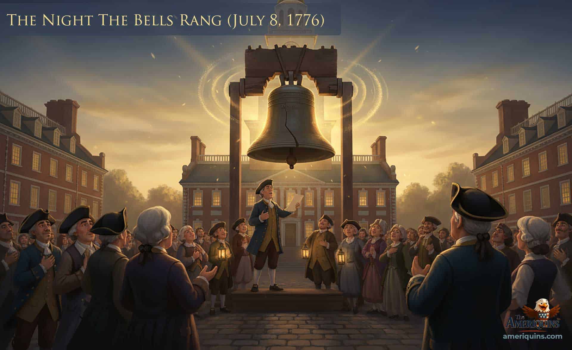 Image of a town square and the bells ringing out on The Night the Bells Rang (July 8, 1776).