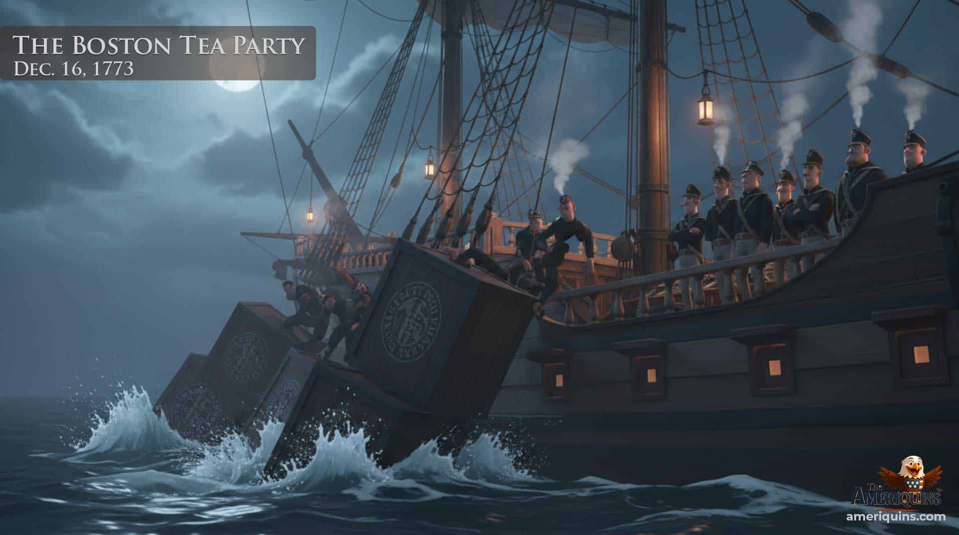 Image depicting the Boston Tea Party on Dec 16, 1773.