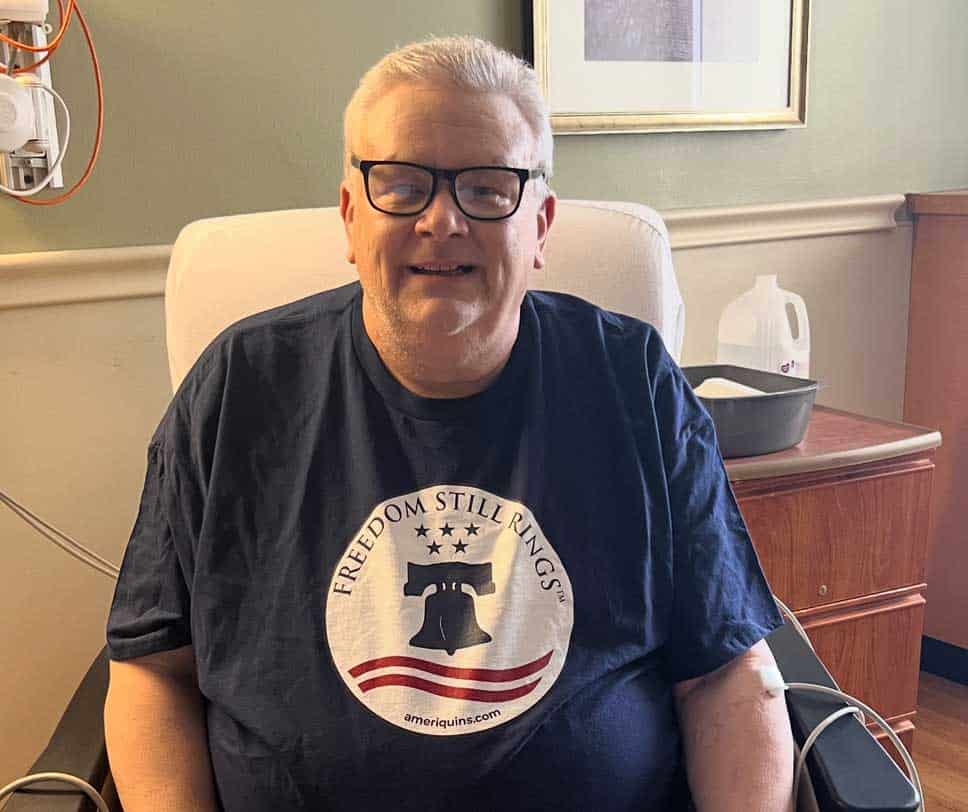 Ameriquins Founder Donald J. Claxton sporting a Freedom Still Rings t-shirt right before discharge after a triple bypass.